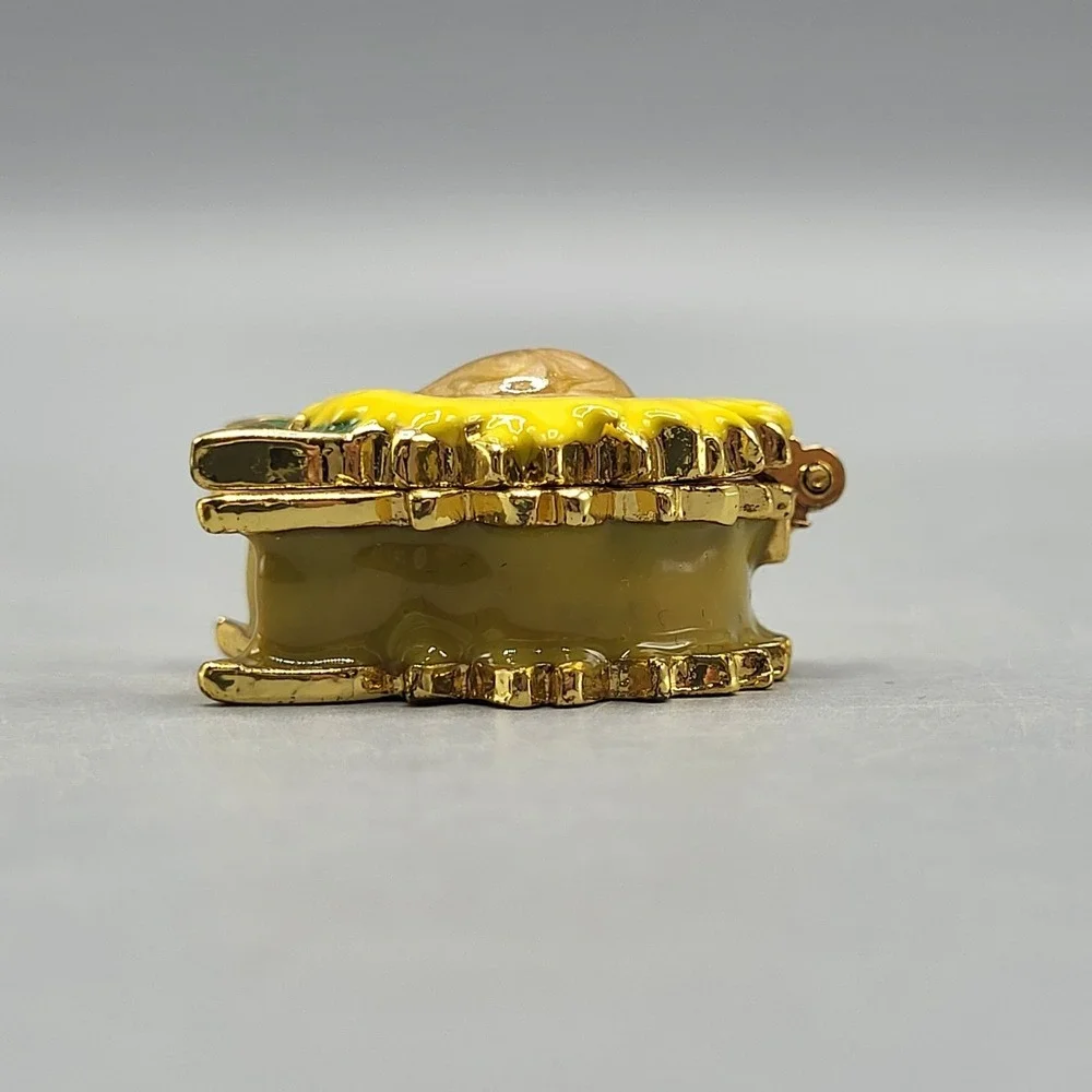 Work of Art Sunflower Trinket Pill Box Enamel Magnetic Shel Decor Gold Yellow
